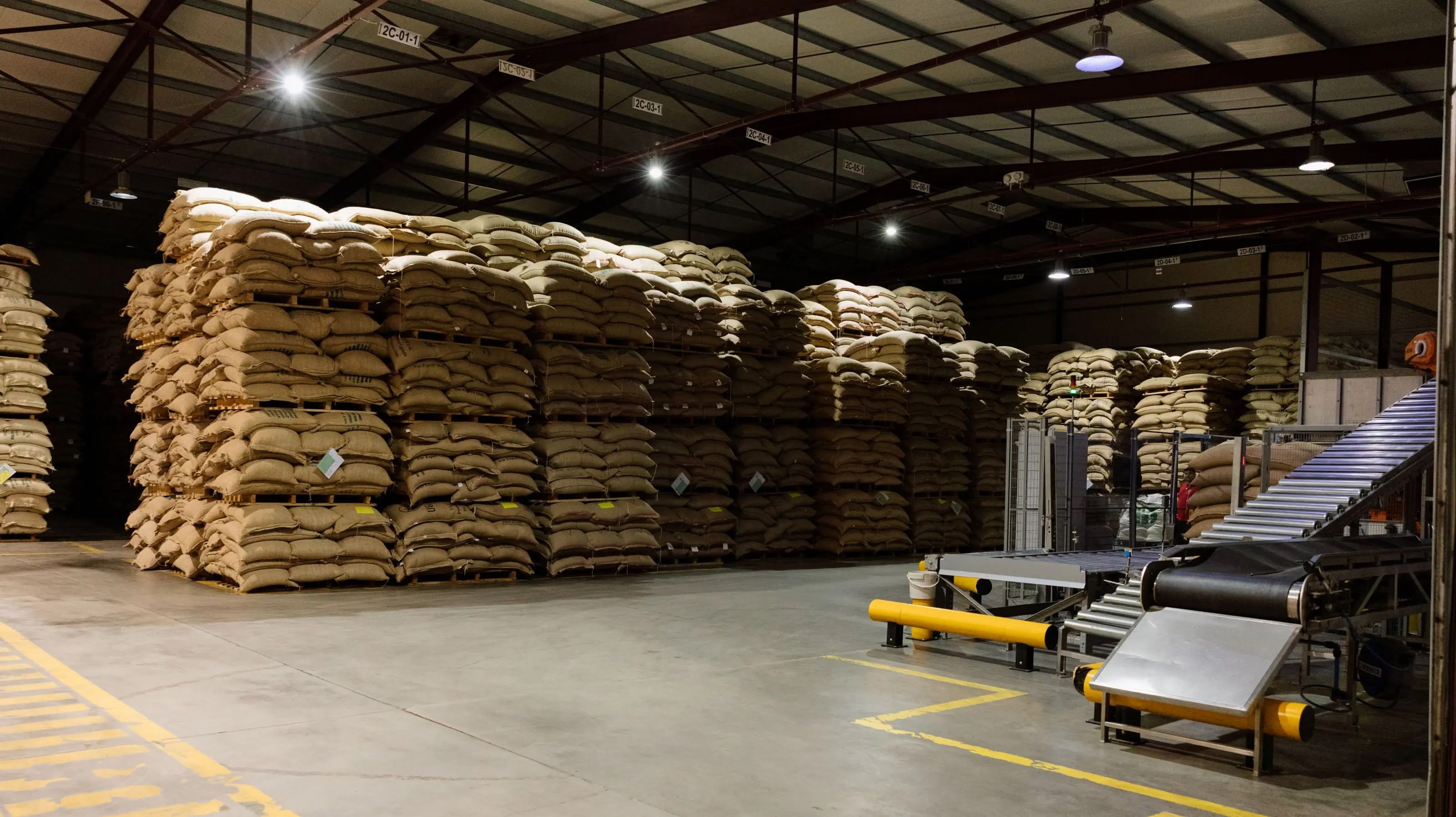 Delta warehouse with stacked bags of roasted coffee beans.
